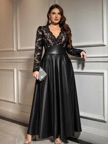 Reflora Plus Size Autumn/Winter Party Banquet Lace Patchwork Faux Leather Long Dress Elegant Party Birthday Homecoming Dress - Black - View 6