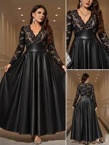 Reflora Plus Size Autumn/Winter Party Banquet Lace Patchwork Faux Leather Long Dress Elegant Party Birthday Homecoming Dress - Black - View 11