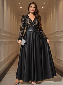 Reflora Plus Size Autumn/Winter Party Banquet Lace Patchwork Faux Leather Long Dress Elegant Party Birthday Homecoming Dress - Black - View 8