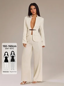 SHEIN PETITE Women's Long Sleeve Waist Button Design Jacket And Pants Elegant Suit Set - White - View 10