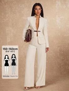 SHEIN PETITE Women's Long Sleeve Waist Button Design Jacket And Pants Elegant Suit Set - White - View 1