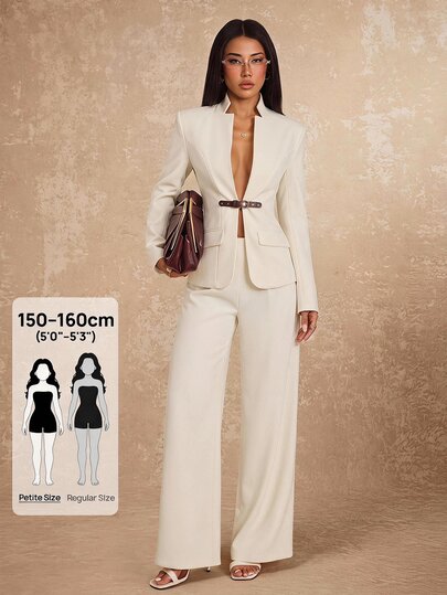 SHEIN PETITE Women's Long Sleeve Waist Button Design Jacket And Pants Elegant Suit Set