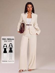 SHEIN PETITE Women's Long Sleeve Waist Button Design Jacket And Pants Elegant Suit Set - White - View 8