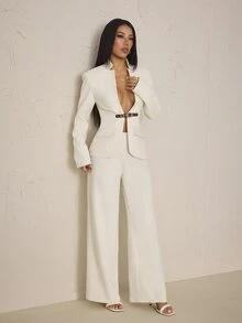 SHEIN PETITE Women's Long Sleeve Waist Button Design Jacket And Pants Elegant Suit Set - White - View 7