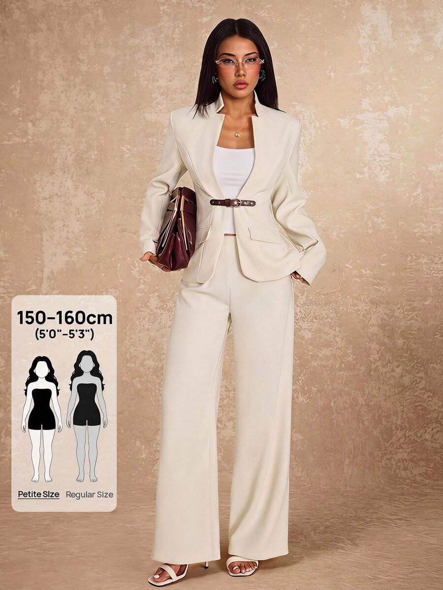 SHEIN PETITE Setelan Jas Elegan Wanita Lengan Panjang dengan Kancing di Pinggang, Jaket dan Celana - Putih - View 1