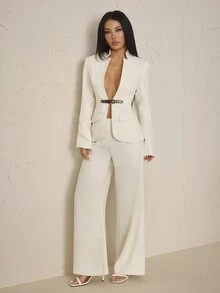 SHEIN PETITE Women's Long Sleeve Waist Button Design Jacket And Pants Elegant Suit Set - White - View 4