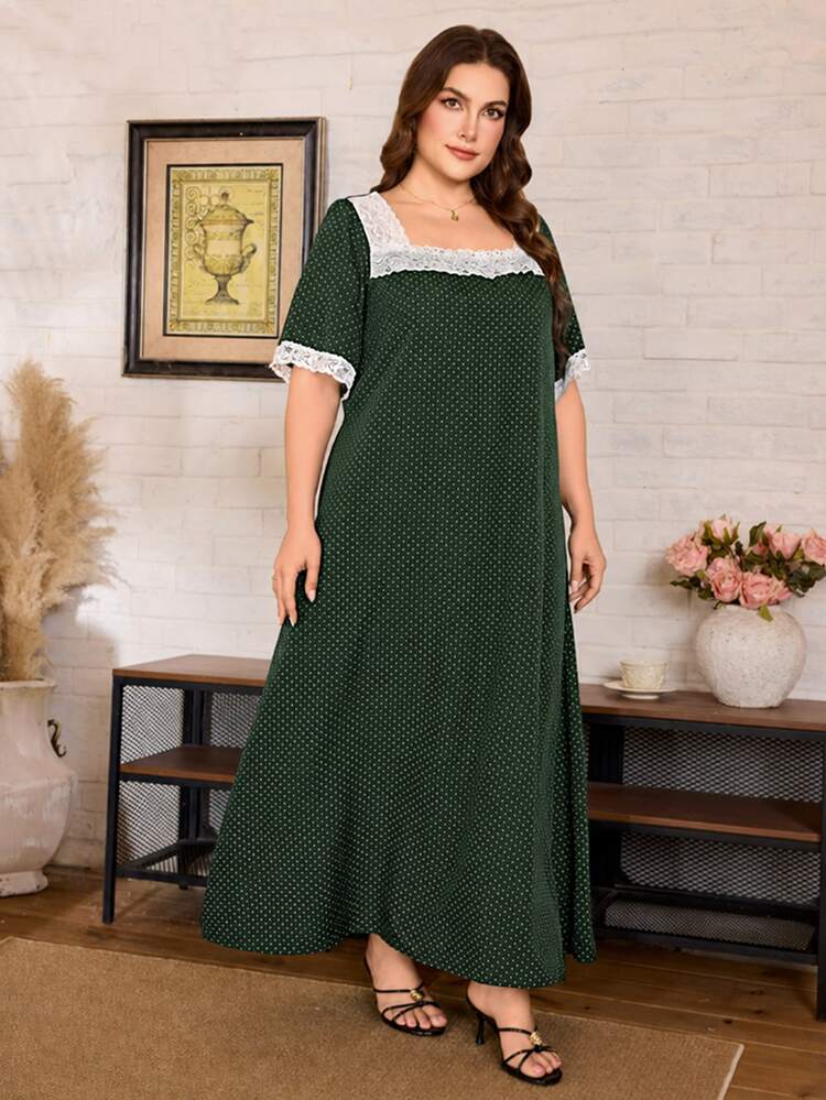 Lacomfia Women's Polka Dot Lace Loose Fit Casual Plus Size Dress, Suitable For Daily Wear And Tea Party Occasions - Green - View 6