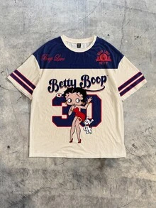 Attitoon Betty Boop x SHEIN 休閒極簡圓領短袖寬鬆女款T恤，聯名印花圖案，適合外出、街頭穿搭、機場造型、時尚、返校、Y2K、派對、海灘度假、假日 - 彩色 - 查看 8