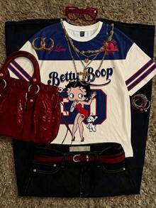 Attitoon Betty Boop x SHEIN 休閒極簡圓領短袖寬鬆女款T恤，聯名印花圖案，適合外出、街頭穿搭、機場造型、時尚、返校、Y2K、派對、海灘度假、假日 - 彩色 - 查看 1
