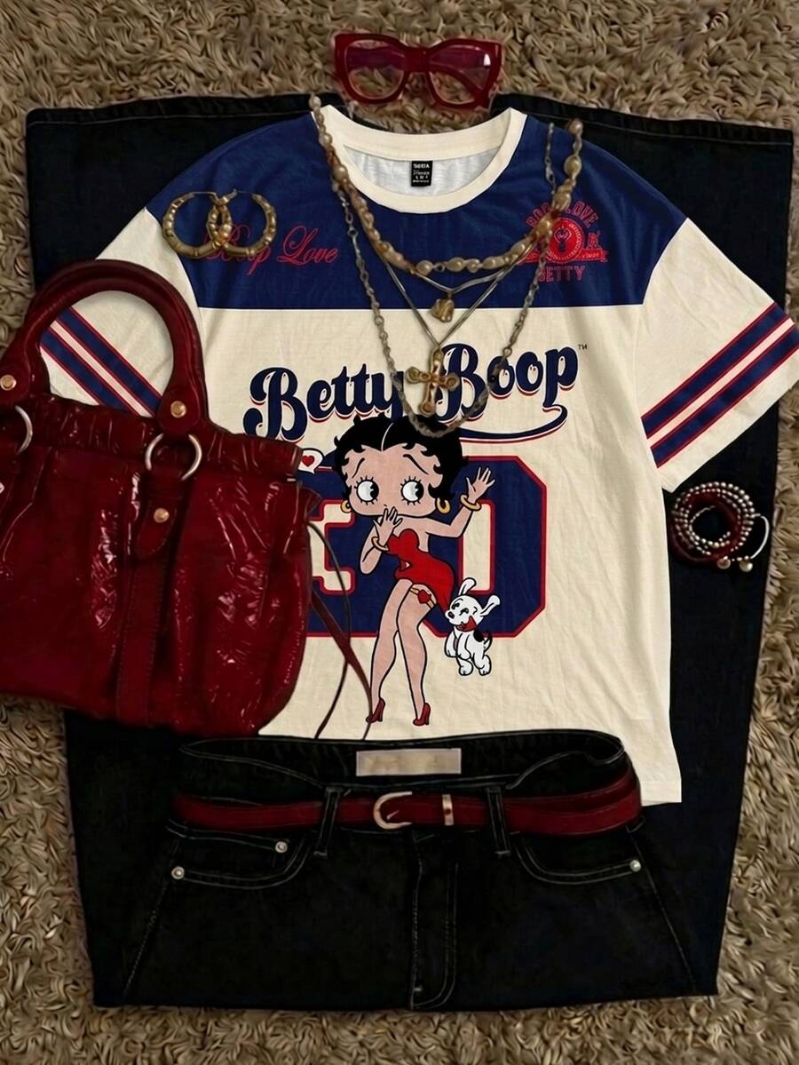 Attitoon Betty Boop x SHEIN 休閒極簡圓領短袖寬鬆女款T恤，聯名印花圖案，適合外出、街頭穿搭、機場造型、時尚、返校、Y2K、派對、海灘度假、假日 - 彩色 - 查看 1