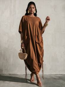 BamGlimmer European American Thanksgiving Style Batwing Sleeve Loose Long Dress Autumn/Winter Round Neck Pleated Drawstring Hem Ruffle Pocket Maxi Dress Brown - Brown - View 4