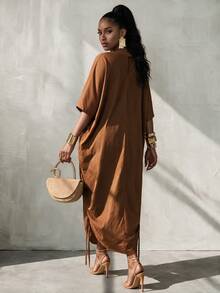 BamGlimmer European American Thanksgiving Style Batwing Sleeve Loose Long Dress Autumn/Winter Round Neck Pleated Drawstring Hem Ruffle Pocket Maxi Dress Brown - Brown - View 3