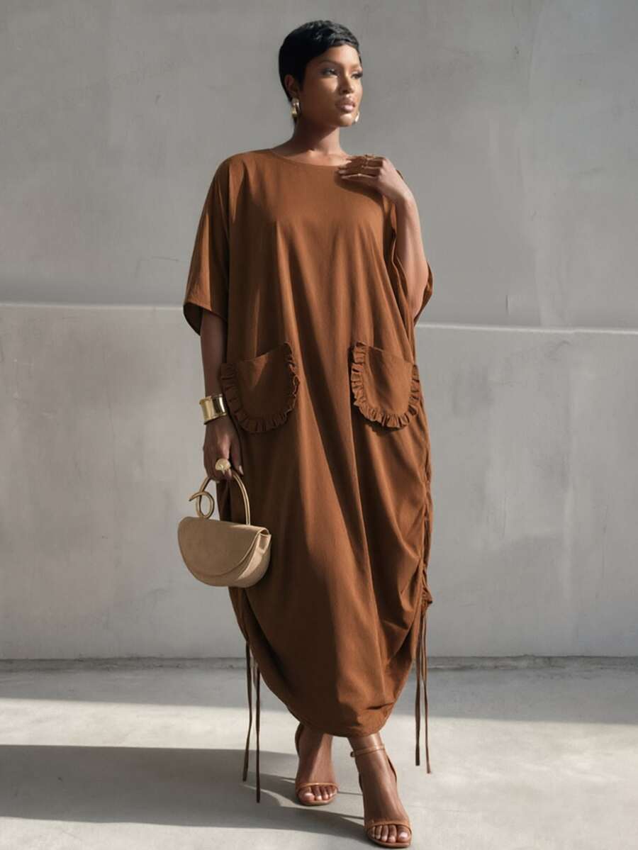 BamGlimmer European American Thanksgiving Style Batwing Sleeve Loose Long Dress Autumn/Winter Round Neck Pleated Drawstring Hem Ruffle Pocket Maxi Dress Brown