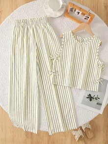 Firerie Kids Firerie Kids 2件組 青少年女孩條紋背心上衣與寬鬆長褲，休閒日常時尚百搭套裝 - 黃色 - 查看 4