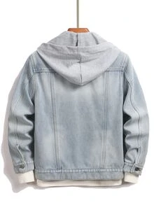 SHEIN Teen Boy Fashion Y2k Casual Fall/Winter Denim Bottom Patchwork Knitted Hooded Loose-Sleeved Jacket - Blue - View 2