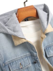 SHEIN Teen Boy Fashion Y2k Casual Fall/Winter Denim Bottom Patchwork Knitted Hooded Loose-Sleeved Jacket - Blue - View 6