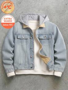 SHEIN Teen Boy Fashion Y2k Casual Fall/Winter Denim Bottom Patchwork Knitted Hooded Loose-Sleeved Jacket - Blue - View 1