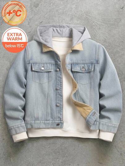 SHEIN Teen Boy Fashion Y2k Casual Fall/Winter Denim Bottom Patchwork Knitted Hooded Loose-Sleeved Jacket