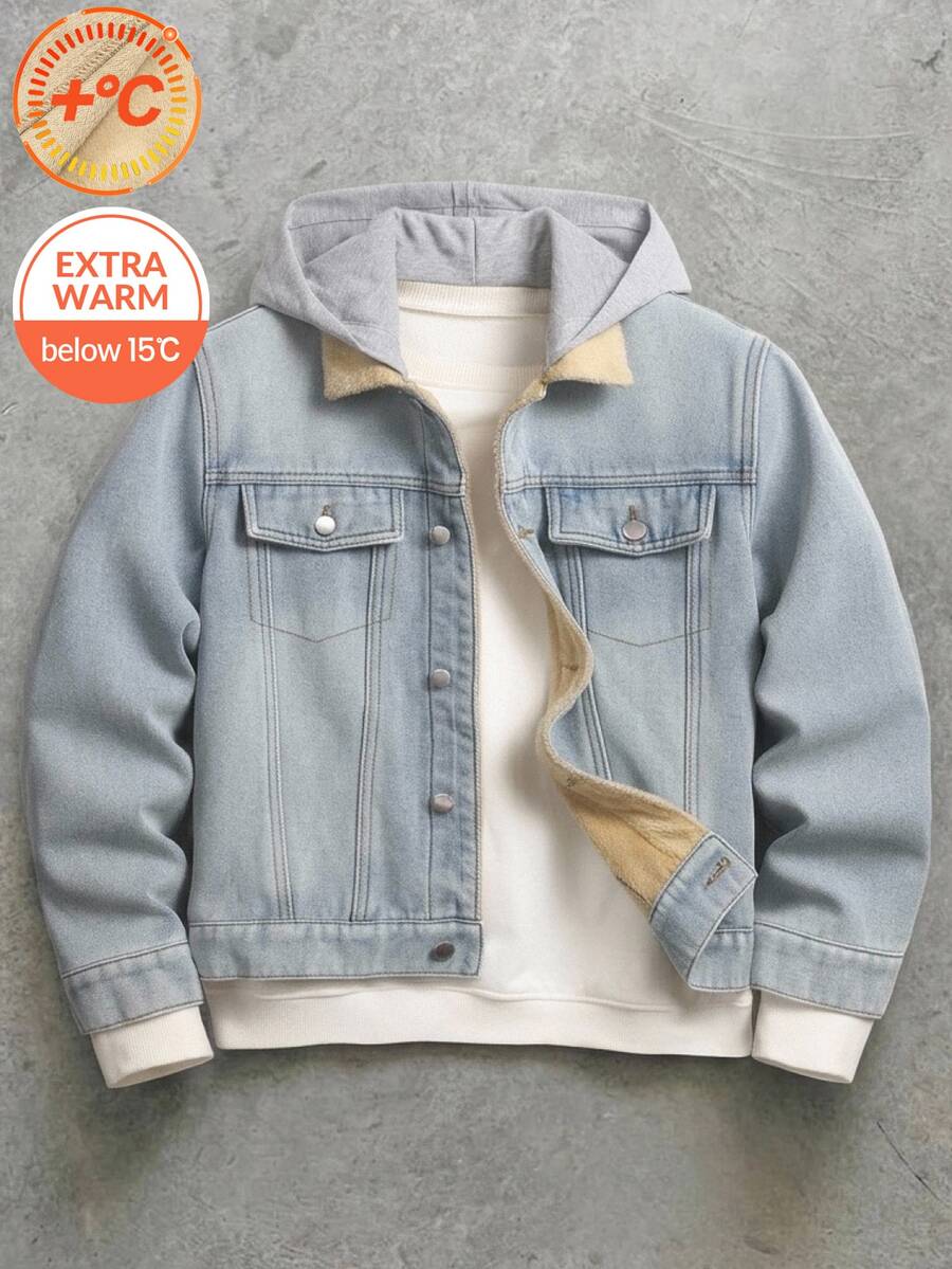 SHEIN Teen Boy Fashion Y2k Casual Fall/Winter Denim Bottom Patchwork Knitted Hooded Loose-Sleeved Jacket - Blue - View 1