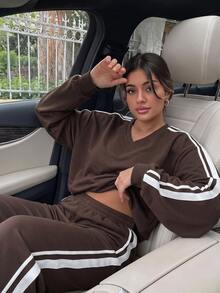 SHEIN EZwear Plus Size Women's Striped V-Neck Long Sleeve Sweatshirt And Pants Casual 2 Pieces Set Fall - Brown - View 5