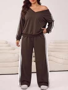 SHEIN EZwear Plus Size Women's Striped V-Neck Long Sleeve Sweatshirt And Pants Casual 2 Pieces Set Fall - Brown - View 8