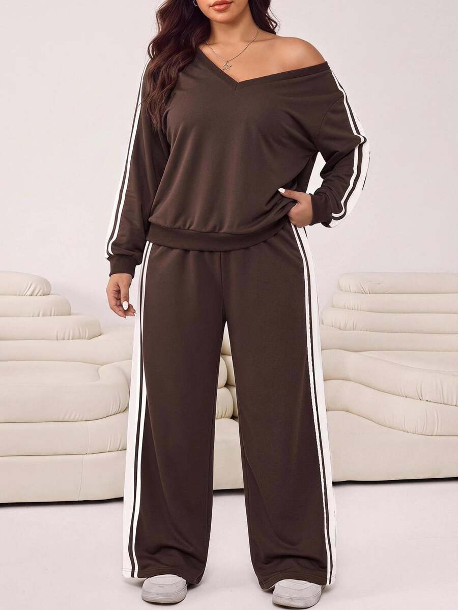 SHEIN EZwear Plus Size Women's Striped V-Neck Long Sleeve Sweatshirt And Pants Casual 2 Pieces Set Fall