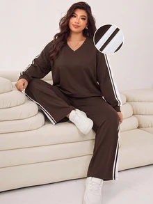 SHEIN EZwear Plus Size Women's Striped V-Neck Long Sleeve Sweatshirt And Pants Casual 2 Pieces Set Fall - Brown - View 1