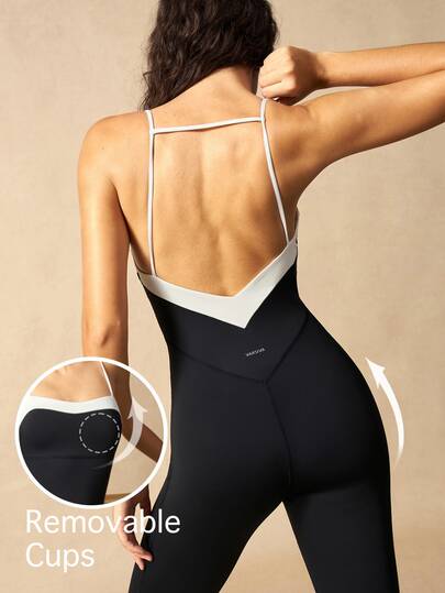 VARSIVA Women's Black & White Contrast Trim Sports Workout Jumpsuit, Stretchy Strappy Yoga Unitard With Removable Cups For Pilates & Training