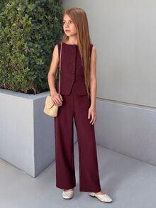 Firerie Kids Firerie Kids 2pcs Tween Girl Set: Casual Fashion Tank Top And Extra Long Pants Girls Wide Leg Pantsuit, Tween Girl - Burgundy - View 4