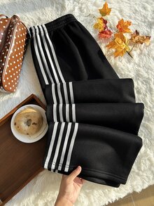 Comfortcana Black Plus Size Women's Side Stripe Elastic Waist Casual Sweatpants - Black and White - View 3