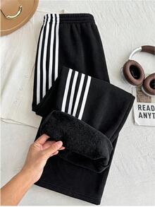 Comfortcana Black Plus Size Women's Side Stripe Elastic Waist Casual Sweatpants - Black and White - View 1