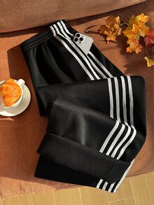 Comfortcana Black Plus Size Women's Side Stripe Elastic Waist Casual Sweatpants - Black and White - View 4
