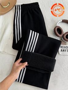 Comfortcana Black Plus Size Women's Side Stripe Elastic Waist Casual Sweatpants - Black and White - View 7
