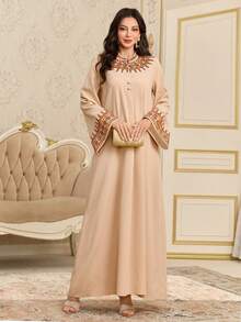 Al Najma V-Neck Front Button Vintage Embroidered Flare Sleeve Dress - Apricot - View 4