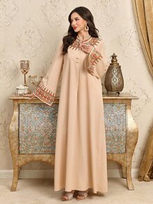 Al Najma V-Neck Front Button Vintage Embroidered Flare Sleeve Dress - Apricot - View 7