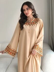 Al Najma V-Neck Front Button Vintage Embroidered Flare Sleeve Dress - Apricot - View 1
