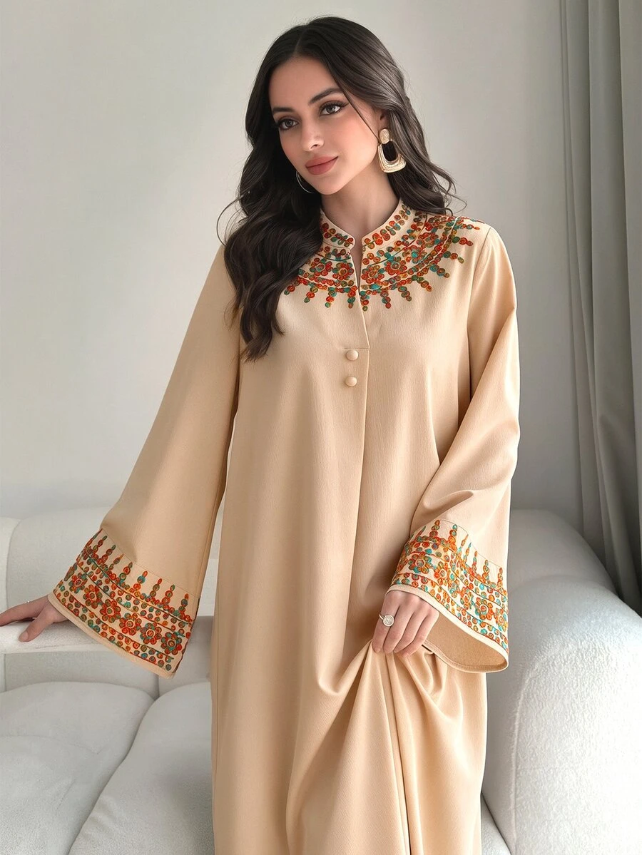 Al Najma V-Neck Front Button Vintage Embroidered Flare Sleeve Dress - Apricot - View 1