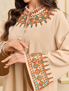 Al Najma V-Neck Front Button Vintage Embroidered Flare Sleeve Dress - Apricot - View 2