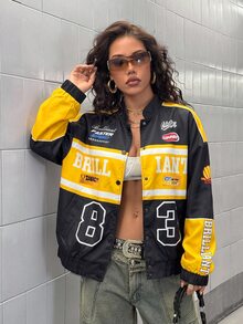 StreetHx 女款字母數字圖案休閒街頭風日常外出長袖夾克 黑白配色 秋季 - 彩色 - 查看 4
