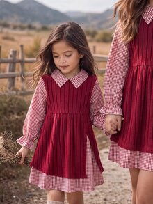 SHEIN 女童格紋領洋裝，聖誕節、秋冬日常穿著，可愛優雅 - 紅色 - 查看 6