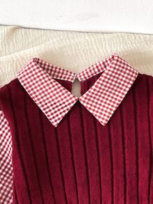 SHEIN 女童格紋領洋裝，聖誕節、秋冬日常穿著，可愛優雅 - 紅色 - 查看 10
