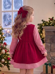 SHEIN 女童格紋領洋裝，聖誕節、秋冬日常穿著，可愛優雅 - 紅色 - 查看 1