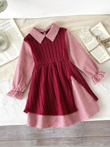 SHEIN 女童格紋領洋裝，聖誕節、秋冬日常穿著，可愛優雅 - 紅色 - 查看 7