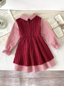 SHEIN 女童格紋領洋裝，聖誕節、秋冬日常穿著，可愛優雅 - 紅色 - 查看 8