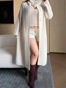 Vibekara 秋季慵懶質感白色大廓型休閒優雅領長版針織開襟外套家居度假穿搭 - 白色 - 查看 5