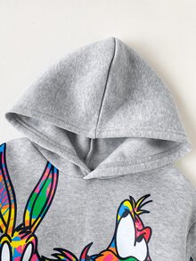 LOONEY TUNES X SHEIN 2件組兒童小男孩休閒學院風運動街頭穿搭灰色卡通大圖案拼接插肩袖圓領寬鬆長袖套頭衛衣與長褲套裝，適合日常穿著、秋冬室內、運動、攝影、節日、生日、聖誕、開學季 - 深灰色 - 查看 8