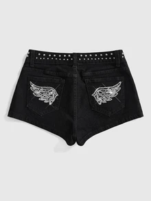 ROMWE Women's Black Denim Shorts Y2K Sequin Wing Party Outfit Hot Girl - Black - View 1