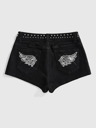 Women's Black Denim Shorts Y2K Sequin Wing Party Outfit Hot Girl