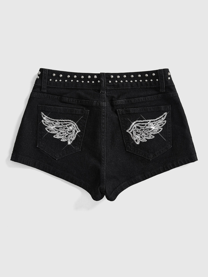 Shorts de mezclilla negros para mujer con lentejuelas estilo Y2K, atuendo de fiesta con alas, chica sexy