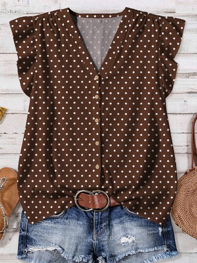 SHEIN VCAY Women's Plus-Size Brown Polka-Dot Button-Down Shirt With Ruffle Sleeves And V-Neck; Casual Top For Daily Wear; Autumn/Winter Women's Clothing.